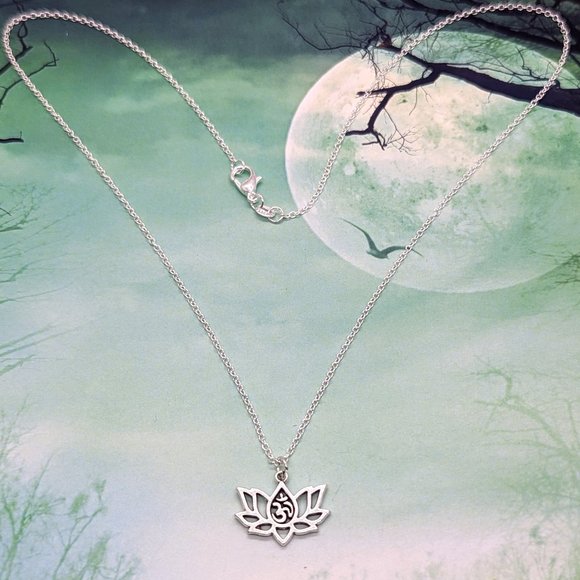 Dainty Buddhist Om Lotus Flower Silver Necklace - Picture 2 of 3